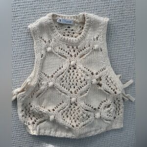 Zara Pom Pom crochet Knit Top Boho